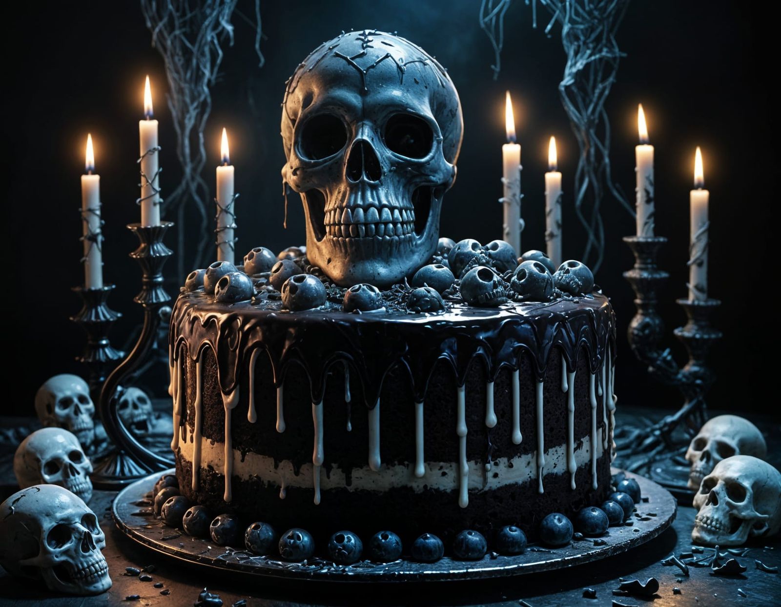 Spooky Halloween Cake with Skulls and Black Candles