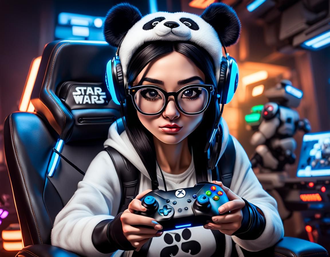 Girl with Panda Ears Plays Star Wars Game