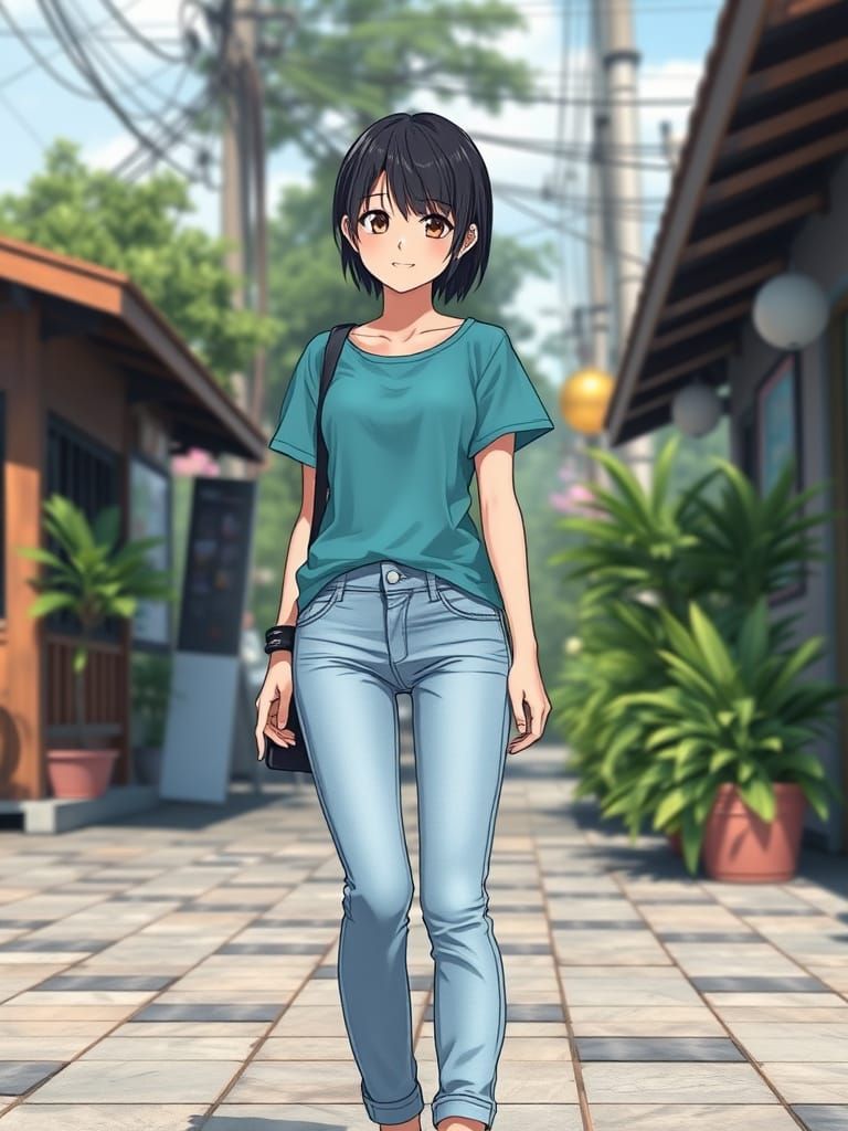 Thai Woman in Teal Shirt, Anime Style
