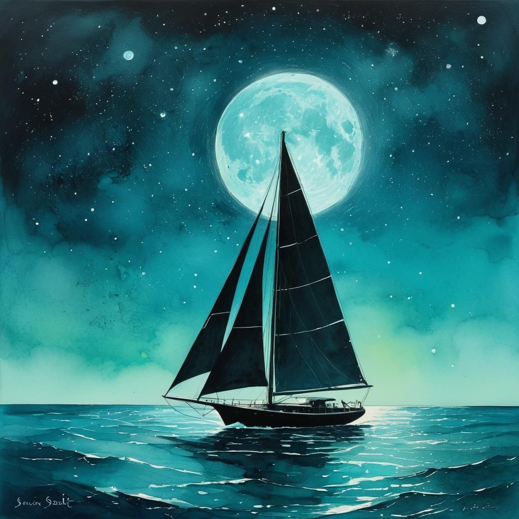 Sailboat Silhouette on Turquoise Night Sea