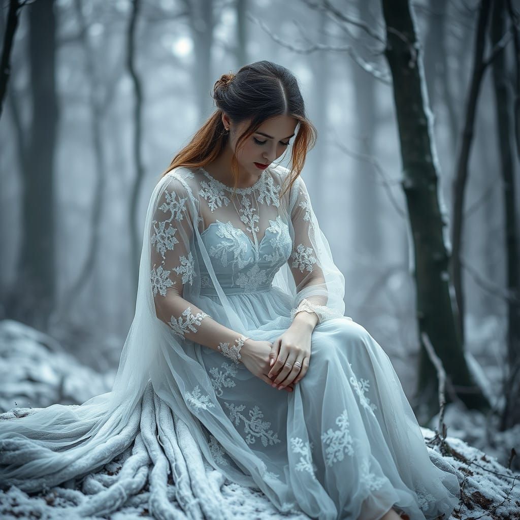 Ethereal Woman Frozen in Serene Forest Landscape
