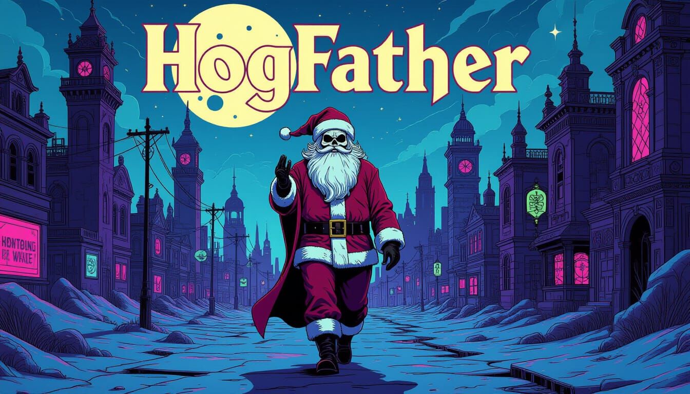 Hogfather and Grim Reaper Santa in Vaporwave Cityscape