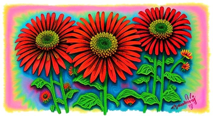 Rusty Robot in Zinnias, Oil and Gouache Painting