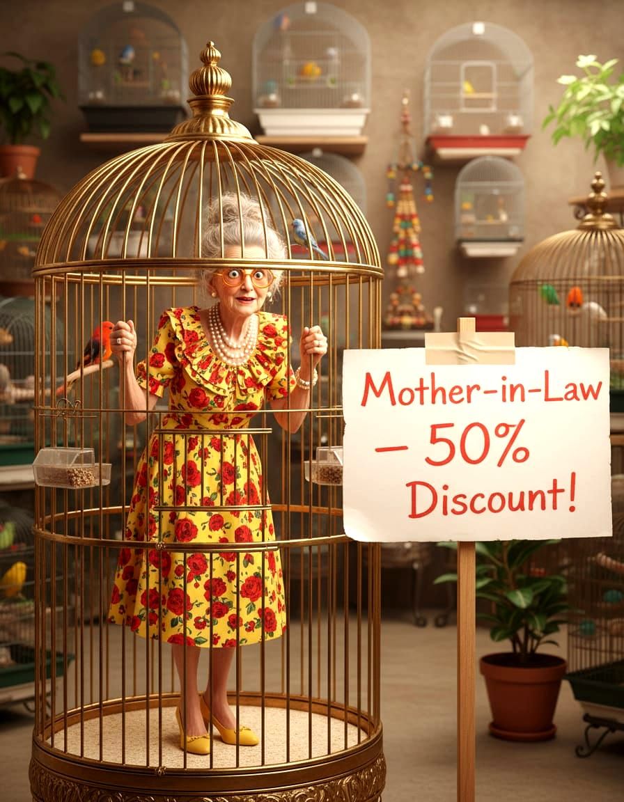 Humorous Pet Store Scene: Woman in Birdcage