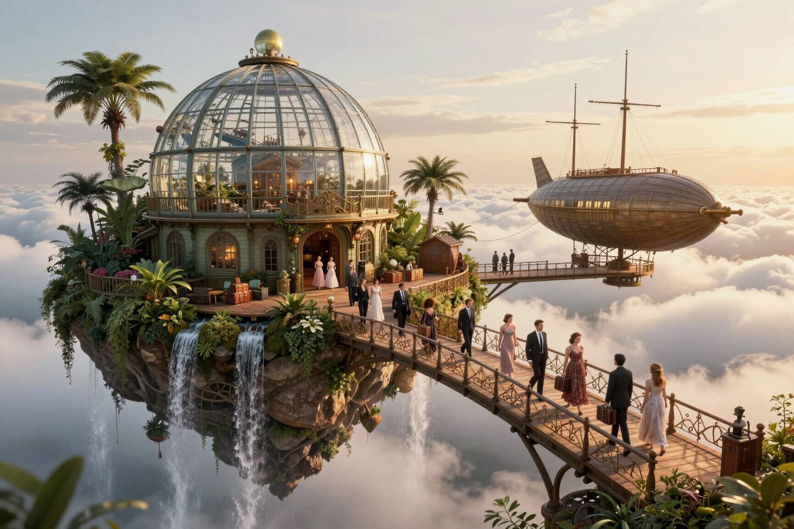 Fantasy Observatory Above Clouds with Steampunk Airship