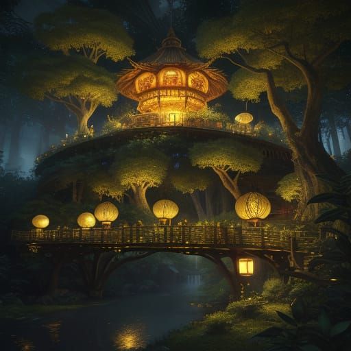 Fantasy Eco-Village with Wicker Pavilions in Digital Art