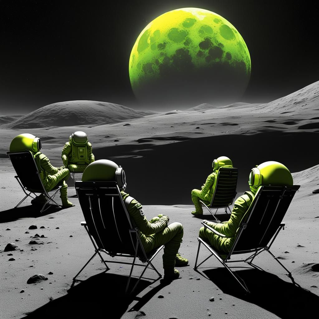 Astronauts Moonbathing on Barren Planet in Grayscale