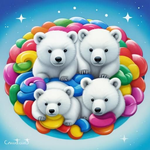 Adorable Cartoon Polar Bears in Candyland Gouache