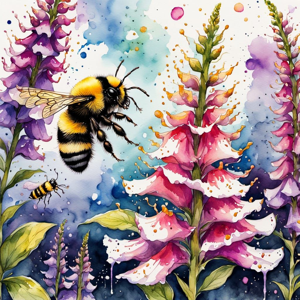 Bumblebee on Foxglove Flowers in Vibrant Watercolour Splash ...