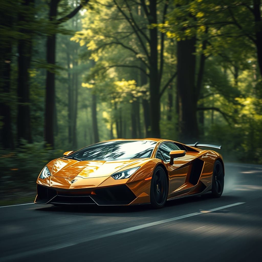 Golden Supercar Speeding Through Emerald Woodland