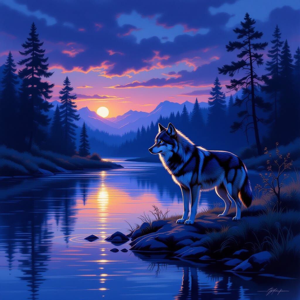 Lone Wolf by Twilight River in Painterly Style