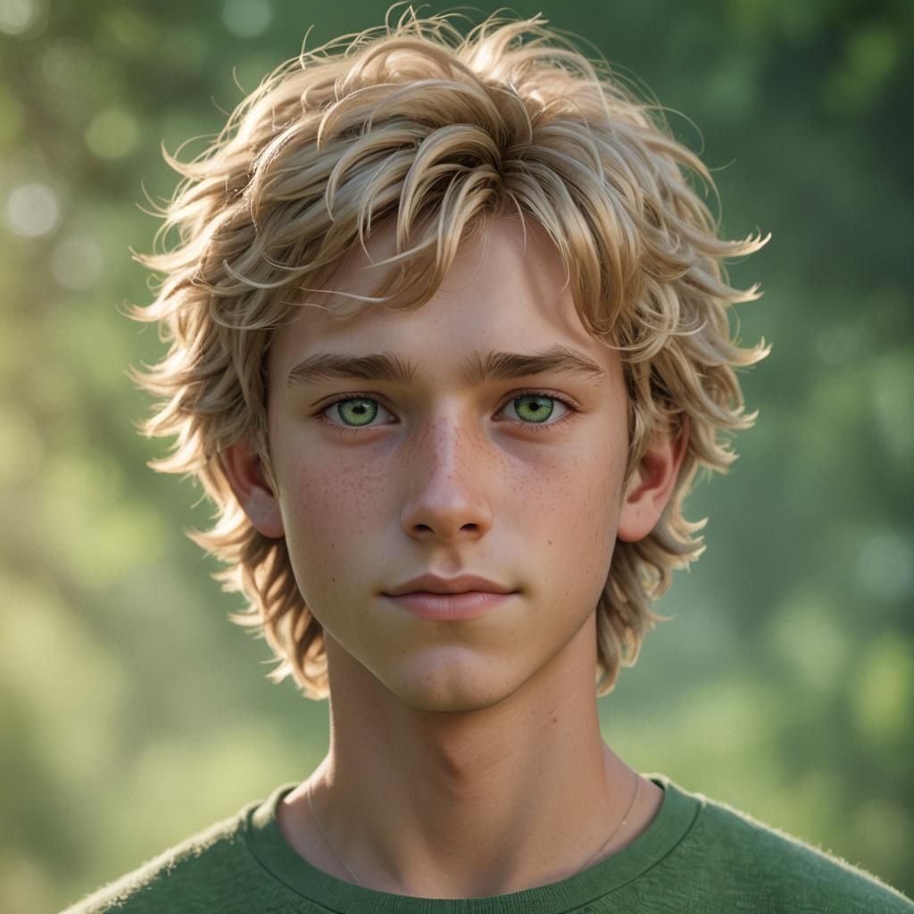 CGI Cartoon Portrait of Blond Boy with Green Eyes