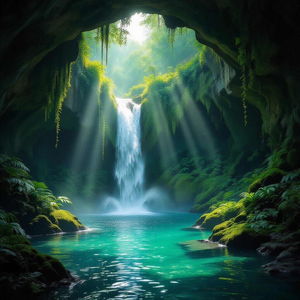 Hidden Waterfall Grotto in Lush Overgrown Cave