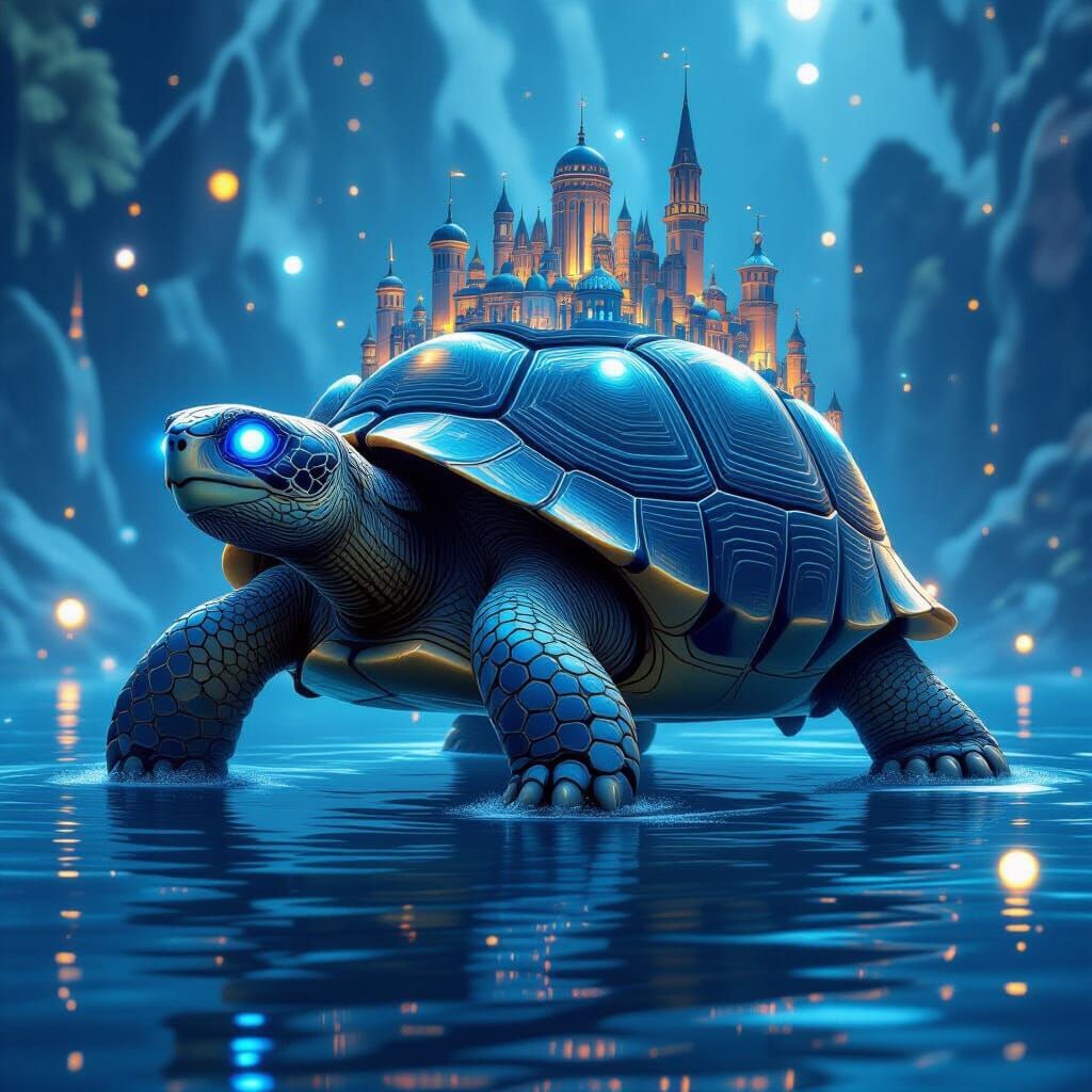Giant Tortoise Cityscape Walking on Water