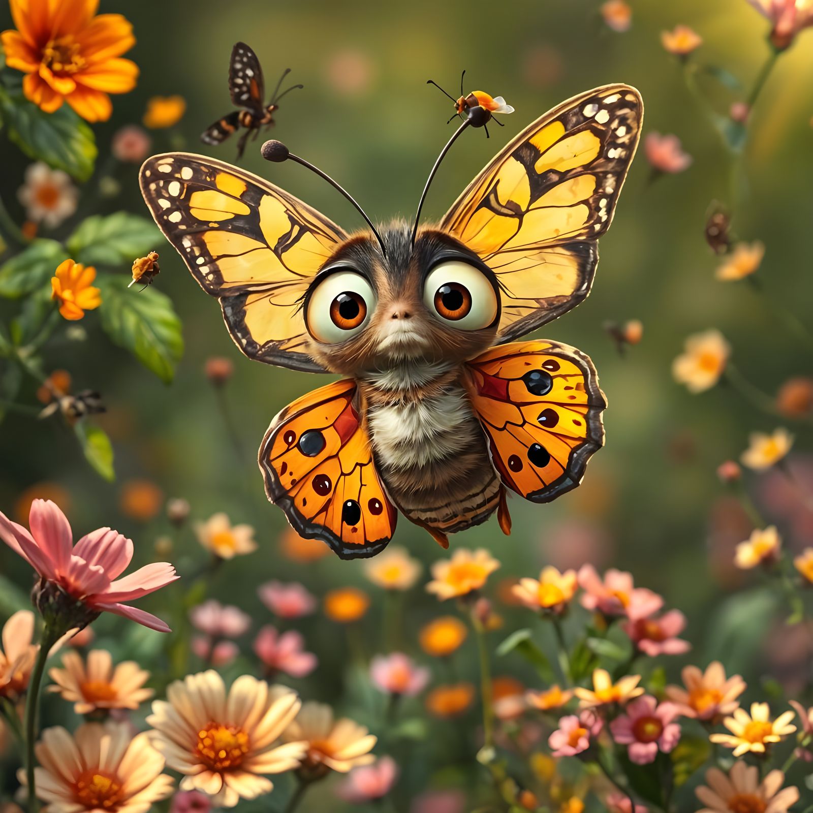 Bewildered Butterfly in Pixar-Style Meadow