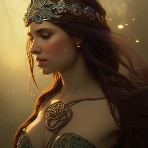 Detailed Portrait of a Celtic Princess in Art Nouveau Style