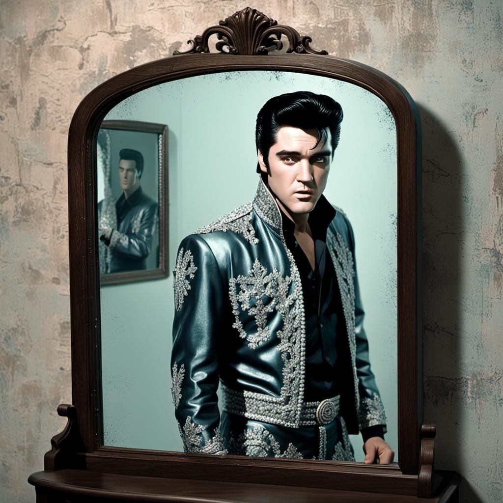 Here's an AI instruction to create an image of Elvis Presley looking into a mirror and seeing a ghostly reflection:

_Cr...