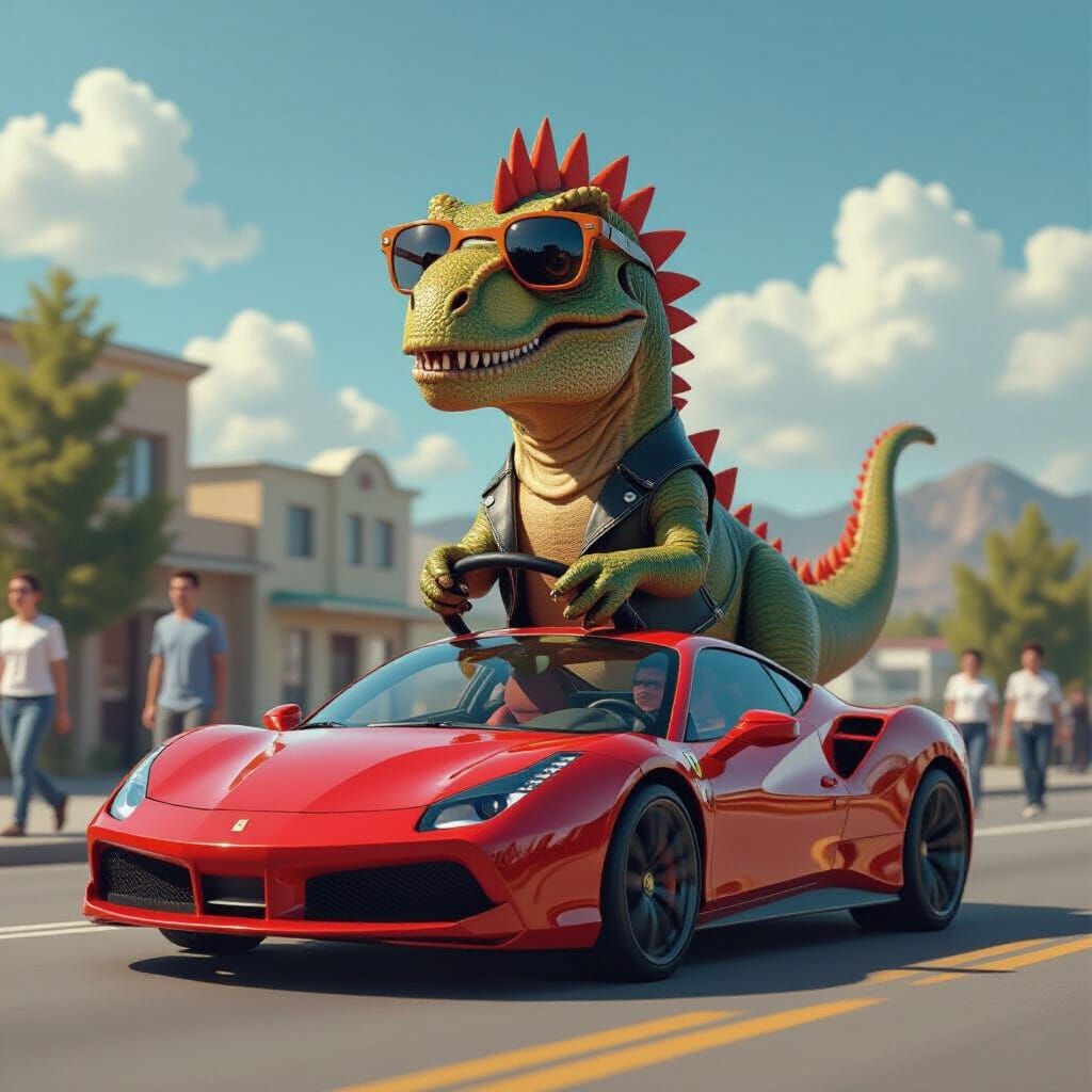 Dinosaur Drives Sports Car in Hyper-Realistic Style