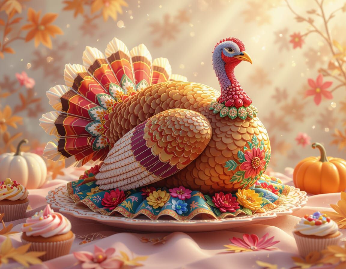 Thanksgiving Turkey in Ornate Floral Dress
