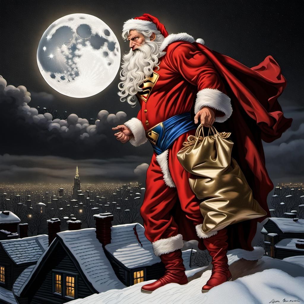 Superman as Santa on Rooftop in Digital Baroque Style