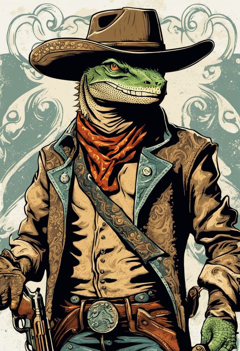 Stylized Lizard Cowboy with Revolvers in Western Style