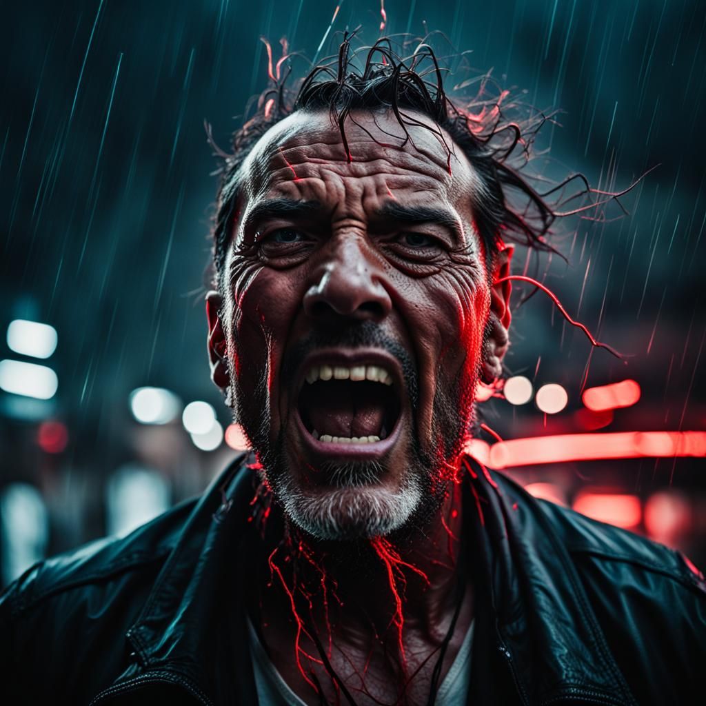 Man Yelling in Storm with Red Neon Lights