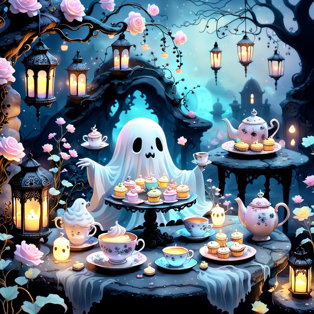 Cute Ghost's Tea Party in Anime 3D Style