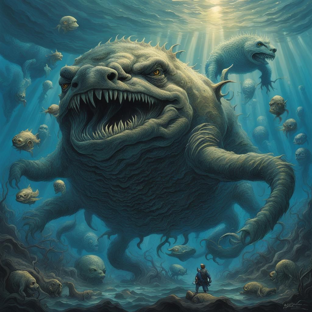 Metallic Bubble Creatures Underwater in Gothic Horror Style