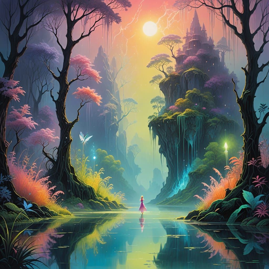 Ethereal Landscape with Glowing Lake and Mystical Figures