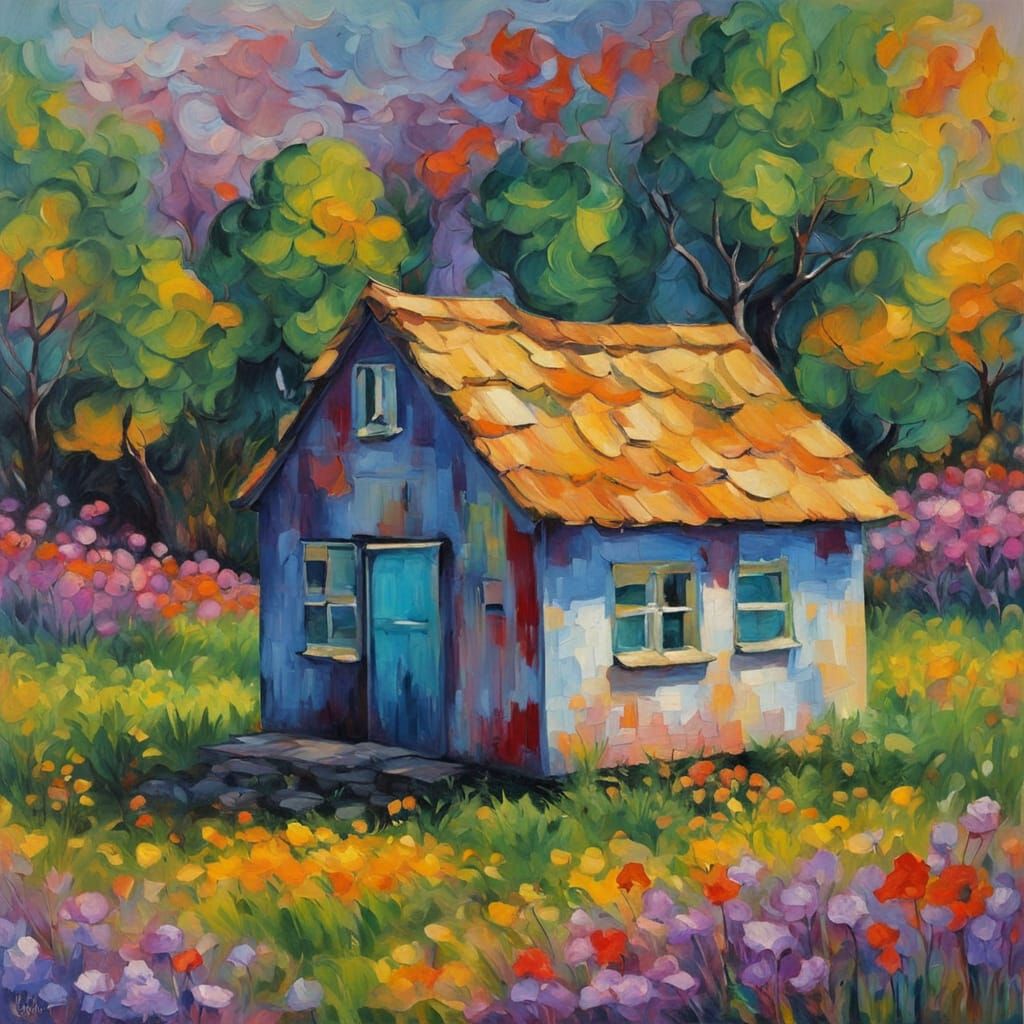 Tiny House in Vibrant Meadow, Expressionist Oil Painting