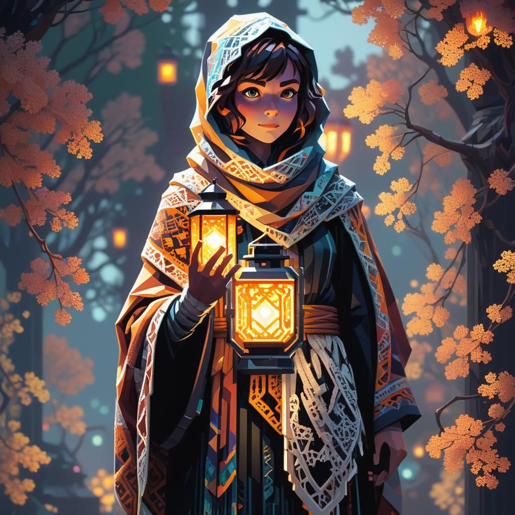 Brave Adventurer in Fractal Shawl: 8-bit Pixel Art