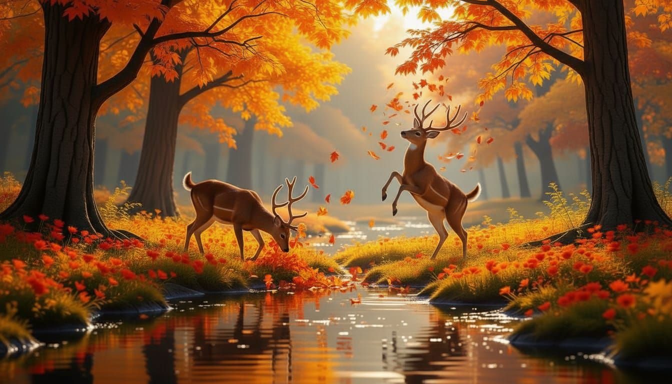 Hyperrealistic Autumn Landscape With Playing Deer