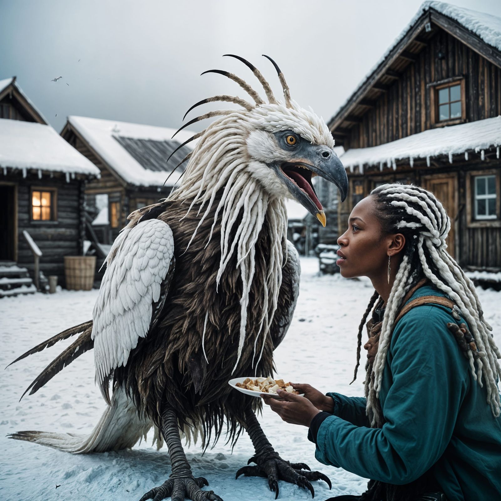 Albino Goddess Feeds Giant Bird in Arctic Village