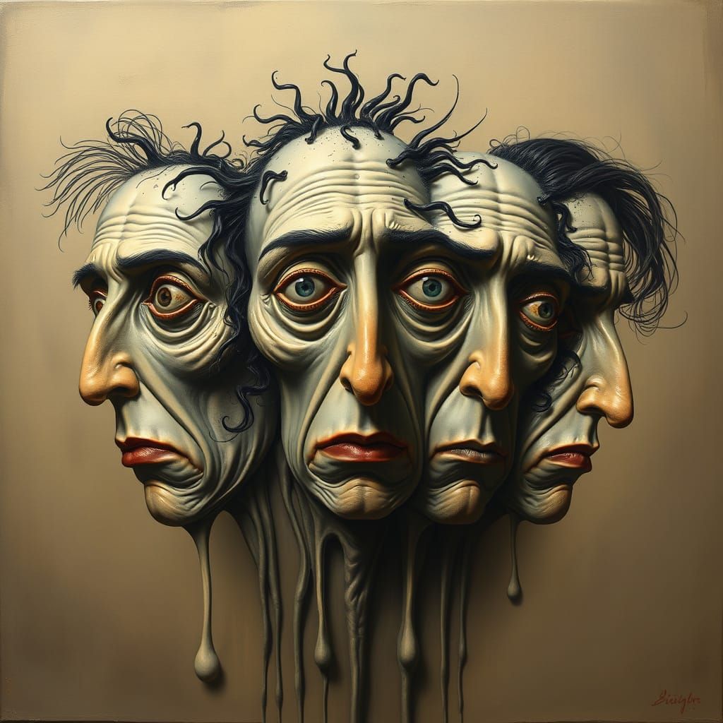 Surreal Disintegrating Faces in Surrealist Style