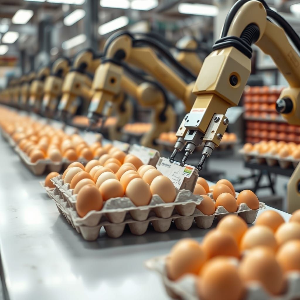 Robotic Arms Packaging Eggs on Production Line