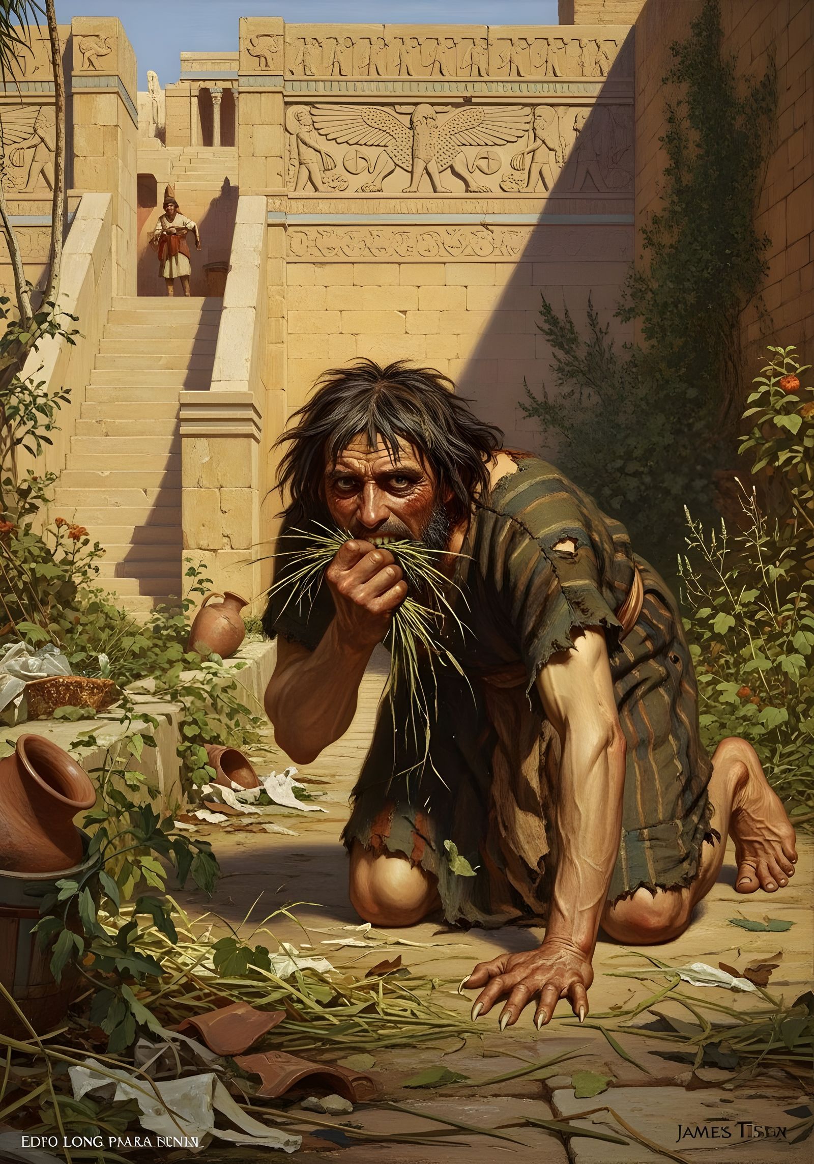 King Nebuchadnezzar's Madness Gnaws Grass in Babylon