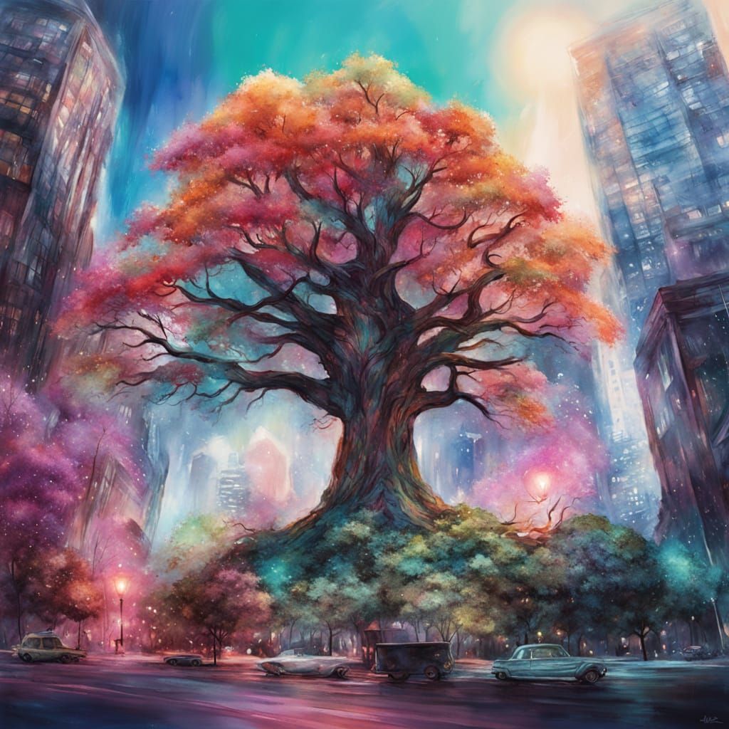 Ancient Tree and Futuristic Skyscraper in Watercolor Art