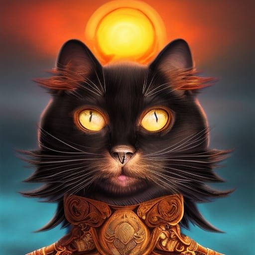 Anthropomorphic Black Cat Portrait at Sunset