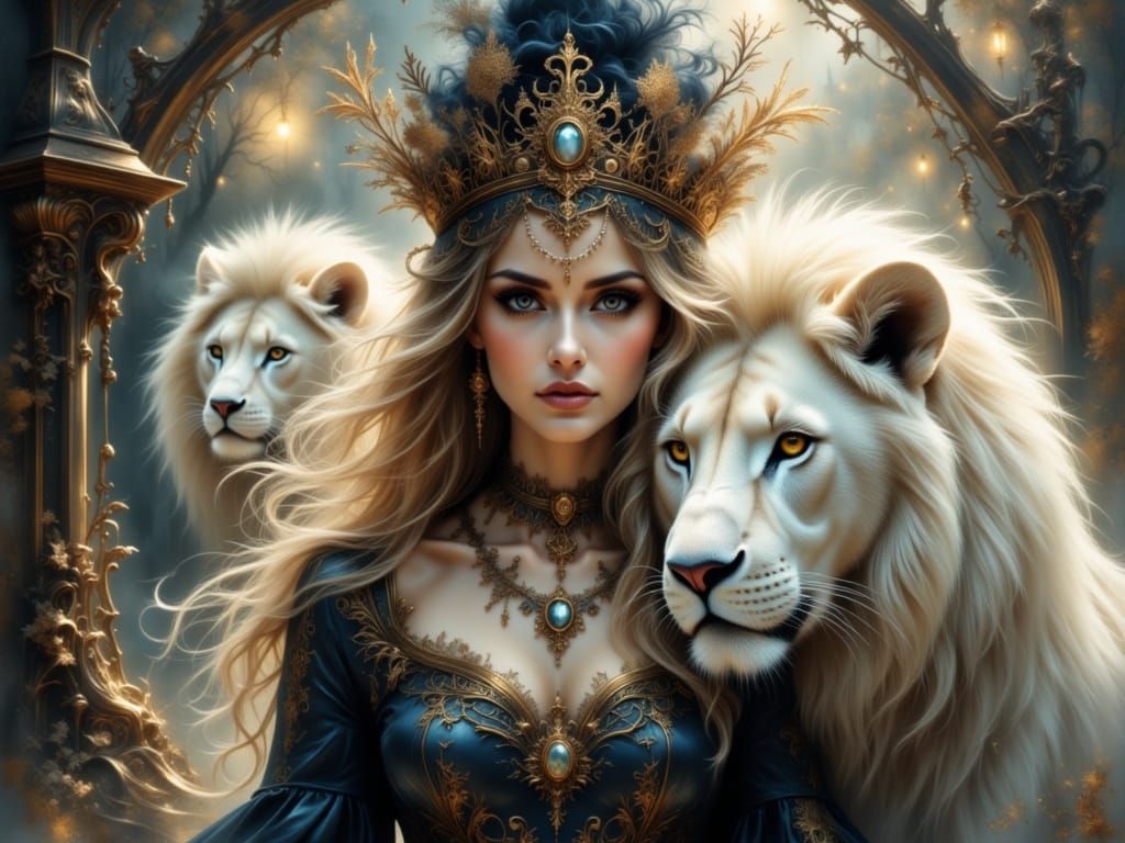 Female Sorceress with White Lion, Luis Royo Inspired