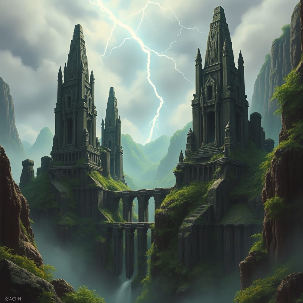 Ancient Stone Temple Towers in Lush Jungle Landscape