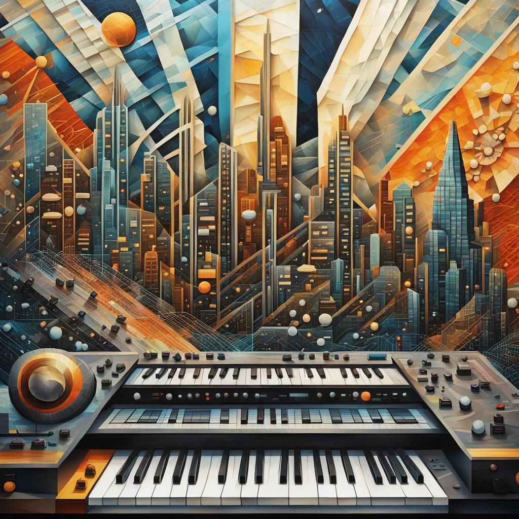 Synthesizer Skyline in Mixed-Media Collage
