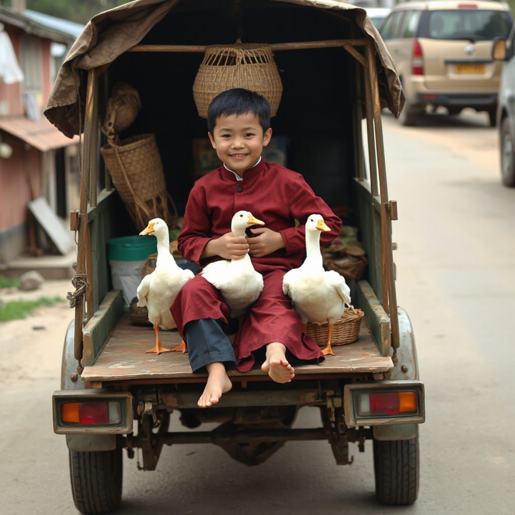 Chinese Boy's Journey to Market with Ducks
