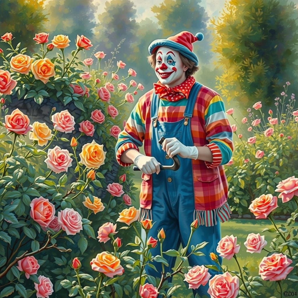 A Happy Watercolour Gardener Tending a Vibrant Rose Garden