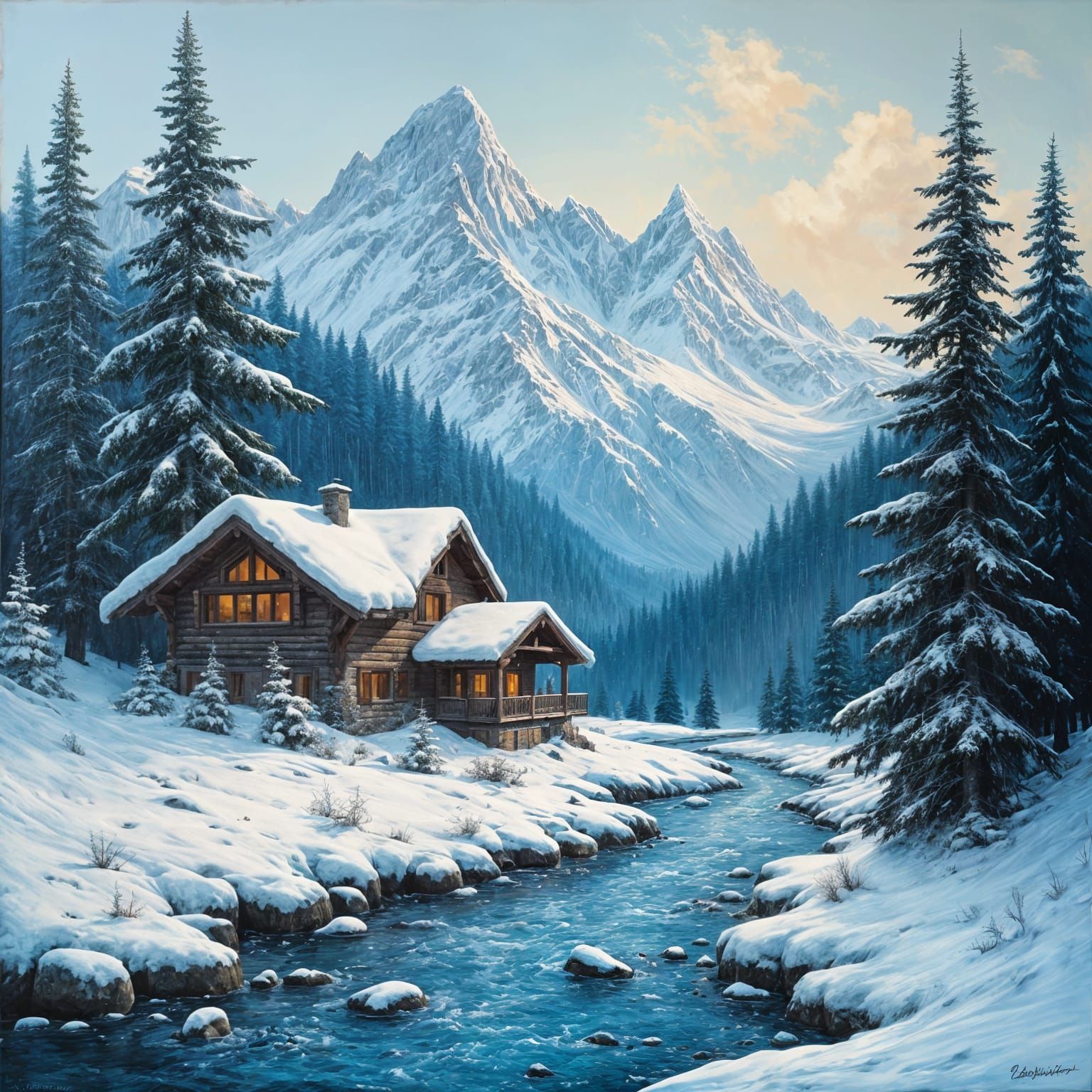 Surreal Impasto Oil Painting of Winter Landscape
