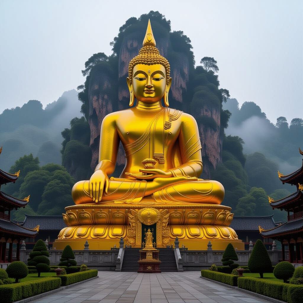 Majestic Golden Buddha Statue in Misty Temple