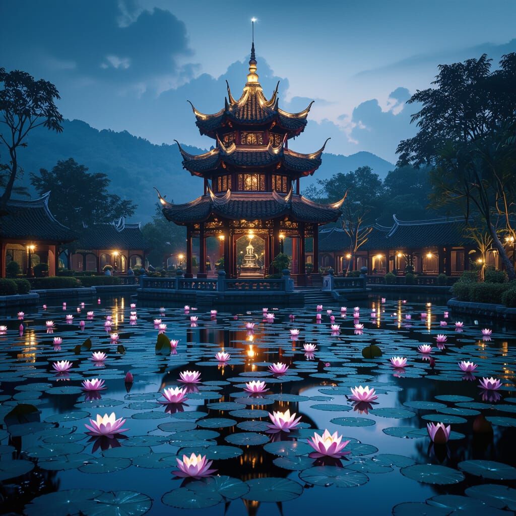 Shimmering Pagoda on Lotus Pond at Night