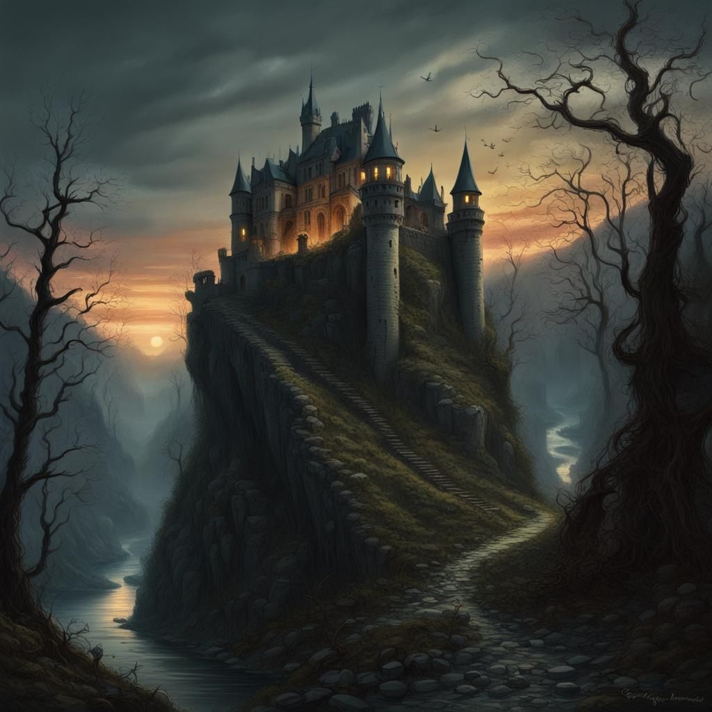 Scary Haunted Castle on Cliff Edge at Dusk