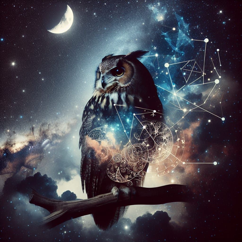 Celestial Owl Double Exposure in Starry Night