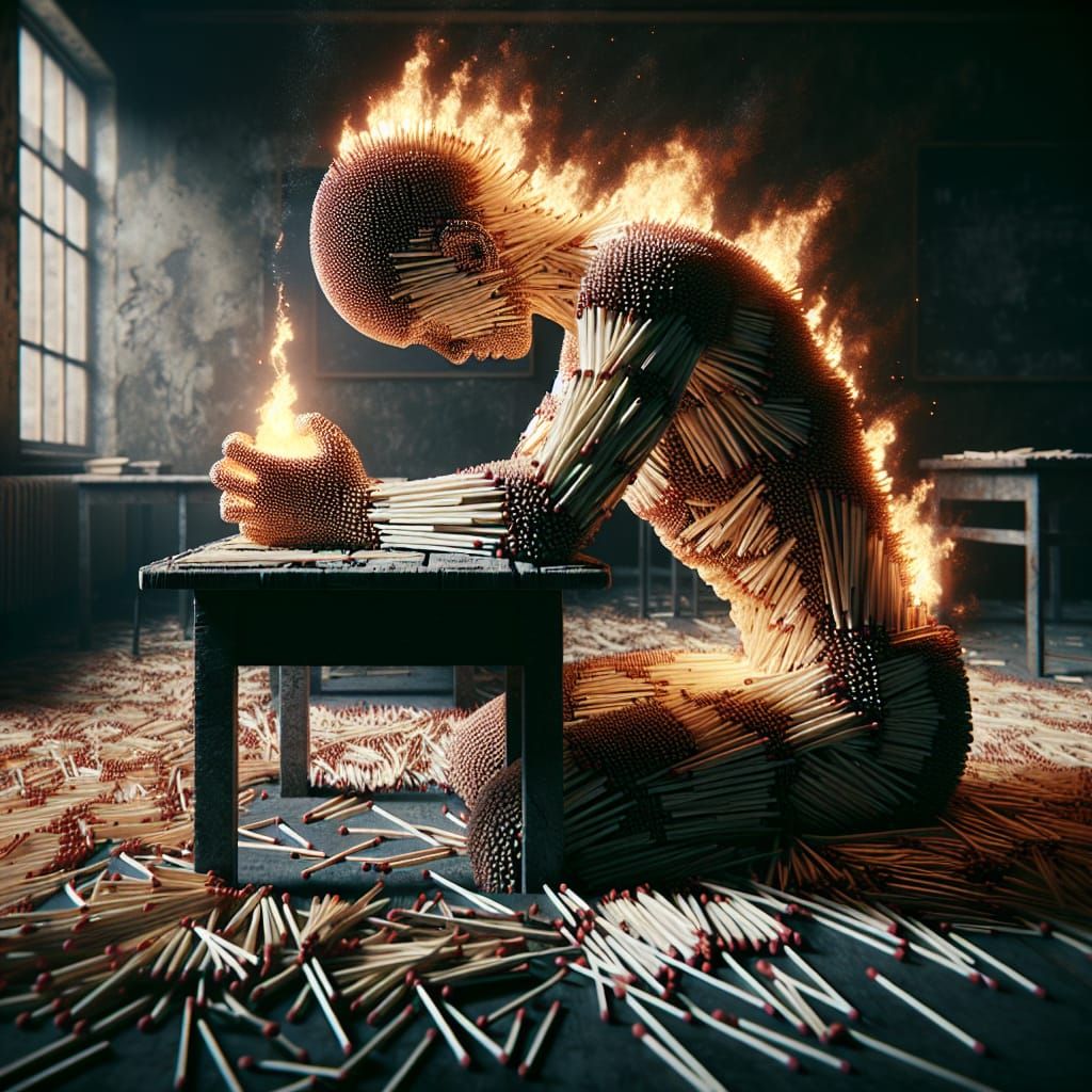Burning Matchstick Figure in Abandoned Classroom