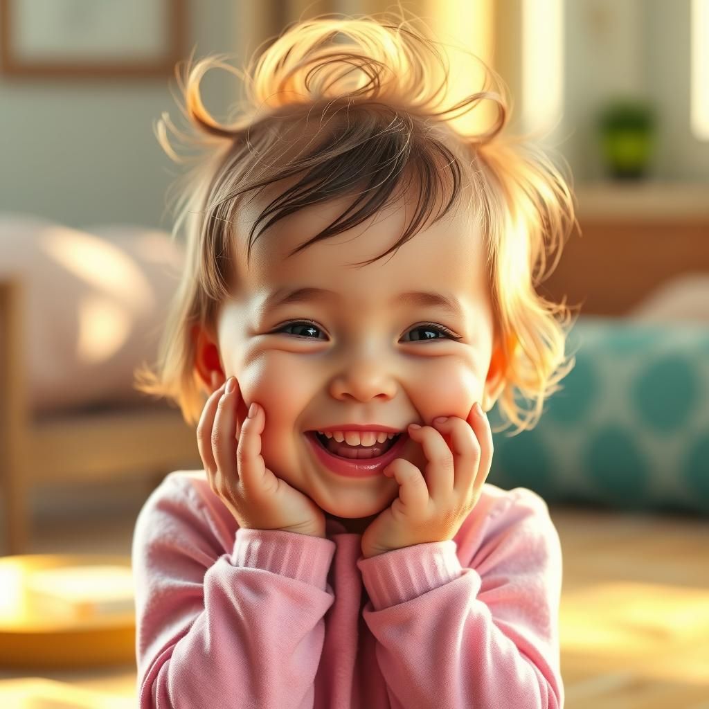 Giggling Toddler with Wonky Hair: Photorealistic Rendering